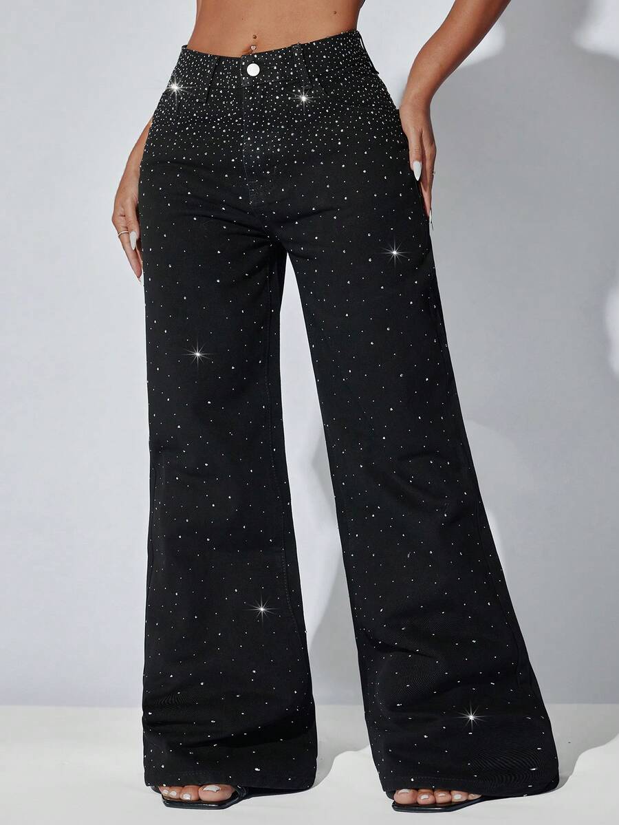 低腰阔腿休闲蓝色牛仔裤，斜插口袋，弧形裤脚，女款 - 黑色 - 查看 1