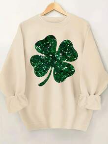 Women's St. Patrick's Day Sweatshirt With Shiny Four-Leaf Clover Print, Round Neck Sweatshirt, Suitable For Daily Casual Wear, Combining Fashionable Print And Comfortable Neckline.Loose And Comfortablevalentines Sweatshirts - 杏色 - 查看 12
