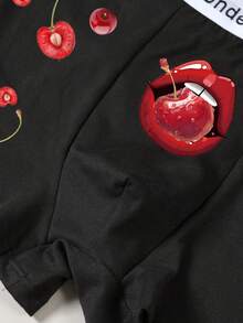 情人节男士白色樱桃和嘴唇印花三角裤，弹性舒适节日内裤 - 黑色 - 查看 6