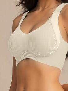 5件装经典简约薄款女士运动文胸，舒适吊带后背钩扣设计，可调节肩带，可拆卸胸垫，无钢圈文胸，休闲日常打底衫，条纹无缝柔软支撑提拉文胸，防下垂侧边聚拢文胸 - 彩色 - 查看 5