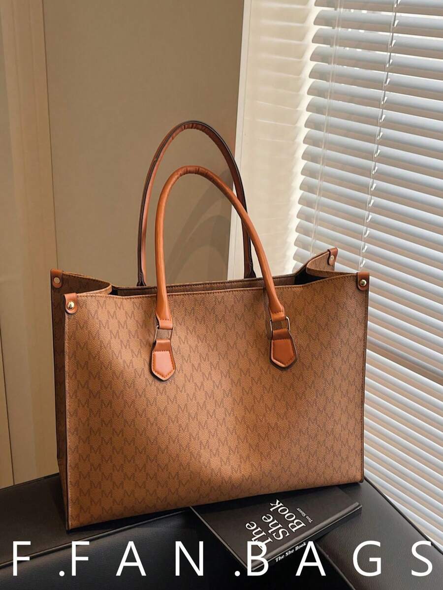 Retro Large Capacity Tote Bag, PU Leather Texture Shoulder Bag, Casual Multi-Purpose Commuter Bag - Brown - View 1