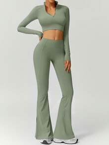 NcmRyu 1 Set Women Half Zip Mock Neck Thumb Hole Long Sleeve Split Flare Pants Sports Suit - Mint Green - View 4