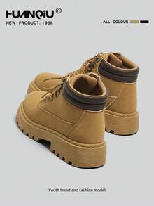 HUANQIU Boots 2026 New Autumn British Style Retro Work Boots Thick Sole Height Increasing Yellow Boots Men's Shoes Solid Color Western Style Workwear Style Lace-Up Metal Eyelets Home Wear - Camel - View 4