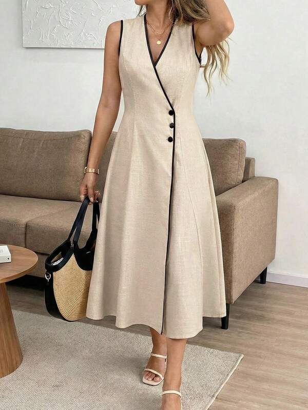 2026 女士复古法式无袖连衣裙，优雅交叉V领纽扣设计，适合晚宴约会、居家、度假、日常穿着，四季皆宜。