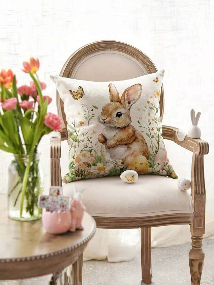 1/2/4pcs , Easter Bunny Throw Pillow Cover - Rustic Wildflowers & Butterfly Spring Decor, Zipper Closure Machine-Washable Cushion Case For Sofa Couch Living Room Bedroom, Decorative Pillows For Couch - Multicolor - View 1