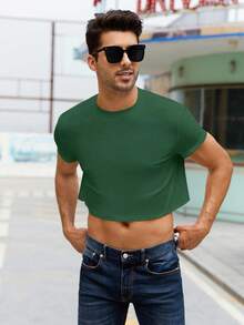 Mens Cropped Tank Top Short Sleeve Print Cotton Crop T Shirt Hot Shirts - màu xanh lá - Xem 3