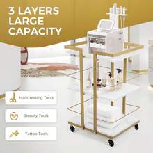 GCCSJ Beautician Trolley,Professional 3-Tier Gold Salon Rolling Cart - Heavy Duty Mobile Nail & Skincare Trolley With Locking Wheels & Large Storage, 150 LB Capacity Beauty Workstation For Spa, Esthetician & Home Use - 白色 - 查看 5