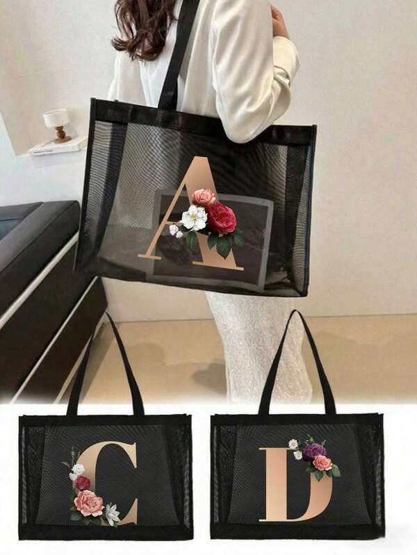 Rose Gold Letter Print Storage Bag, Beach Bag, Makeup Bag, Large Capacity Tote Bag, Gift For Girls, Mother's Day Gift, Foldable Storage Bag, Suitable For Personal Travel Cosmetics Storage, Travel Makeup Bag, Birthday, Travel Makeup Tools, Teacher's Gift, Couple's Gift