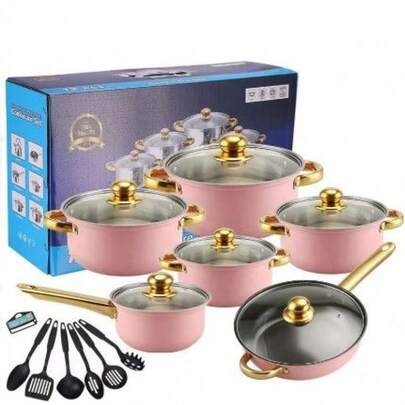 2026 New 18-Piece Stainless Steel Cookware Set| All-In-One Kitchen Pots & Pans Combo With Frying Pan, Soup Pot, Milk Pot & Whistling Kettle| Durable, Heat-Resistant Cookware For Home Cooking & Family Meals,Pink