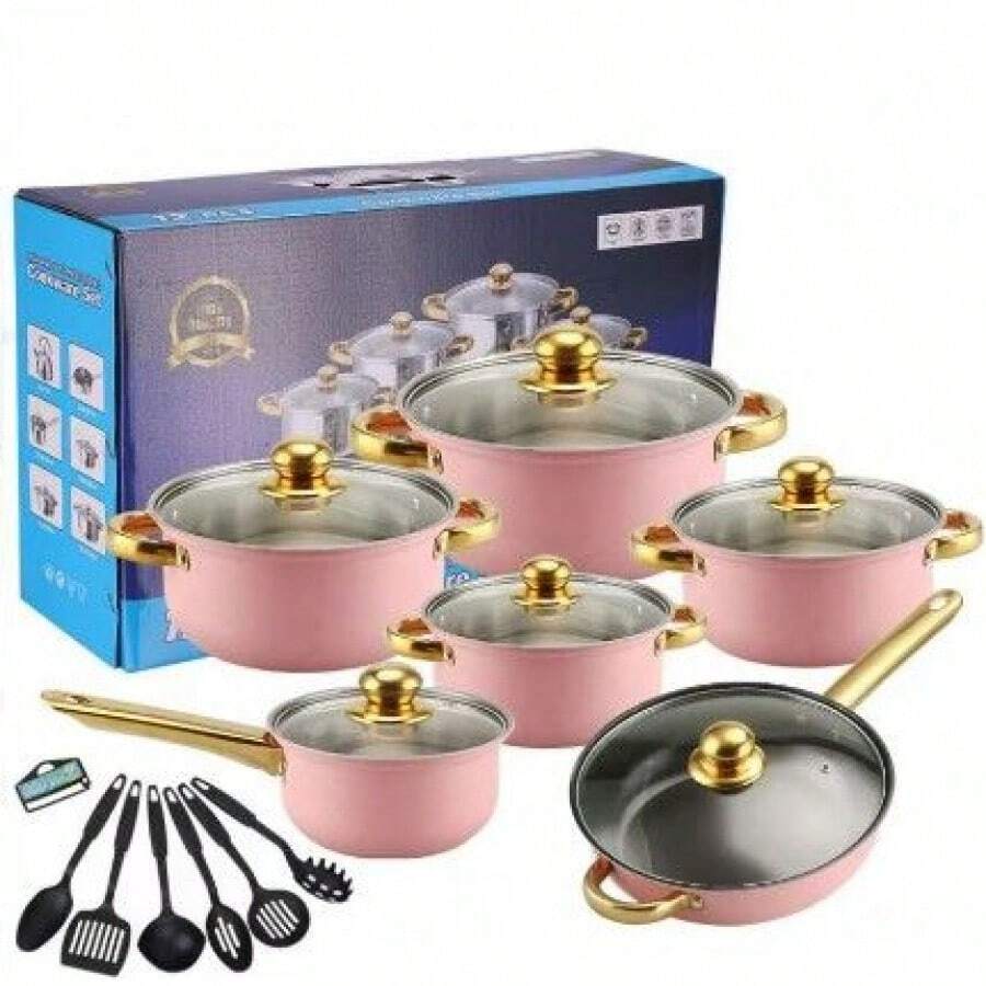 2026 New 18-Piece Stainless Steel Cookware Set| All-In-One Kitchen Pots & Pans Combo With Frying Pan, Soup Pot, Milk Pot & Whistling Kettle| Durable, Heat-Resistant Cookware For Home Cooking & Family Meals,Pink - Hồng - Xem 1