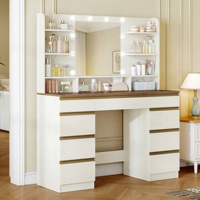 HEXCELEN Dressing Table With 10 LED Light Globes, 3 Colors, Adjustable Brightness, Large HD Mirror, 1 Large Drawer And 8 Small Drawer Cabinets, 9 Open Storage Areas, White