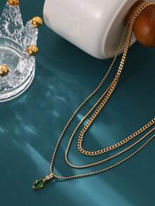 3pcs/Set Women's Gifts Minimalist Crystal & Cubic Zirconia Asymmetrical Layered Pendant Necklace, Unique Jewelry Gift For Her - Yellow Gold - View 4