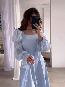 1 chiếc đầm dài tay cổ vuông thắt eo, thích hợp cho hẹn hò, sinh nhật, tiệc tùng, mặc hàng ngày, lễ hội, mùa xuân/hè. - Xanh da trời - Xem 2