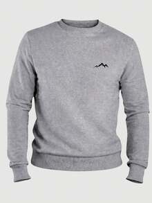 Men's Crew Neck Sweatshirt, Unisex Flannel Lined Sweater With Mountain Print - 灰色 - 查看 1