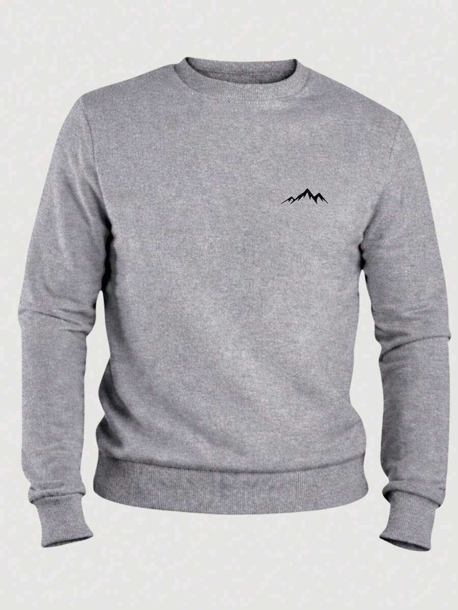 Men's Crew Neck Sweatshirt, Unisex Flannel Lined Sweater With Mountain Print - 灰色 - 查看 1