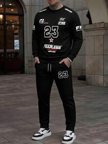 男士休闲街头字母印花圆领长袖卫衣和运动裤，春秋季休闲套装 - 彩色 - 查看 2