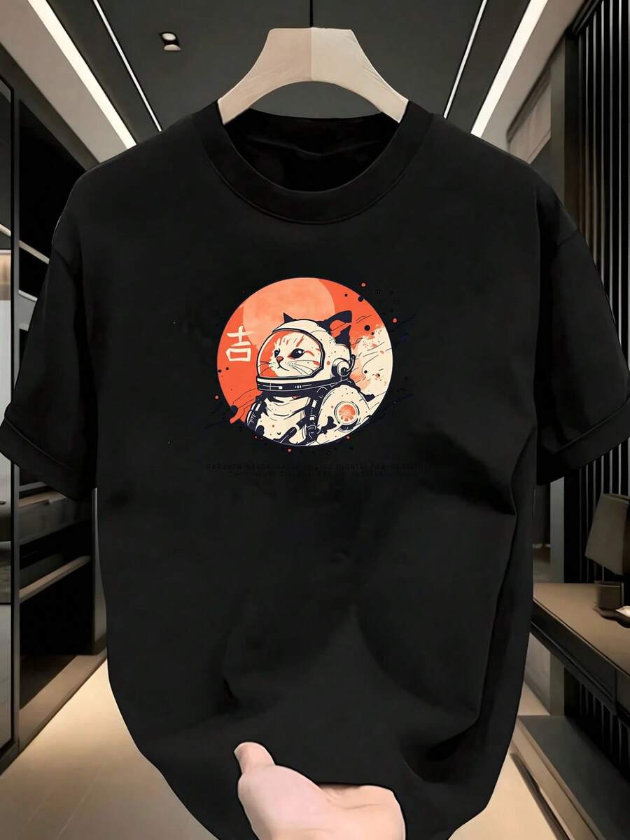 Camiseta Hombre, Gato Astronauta, Diseño Kawaii Colorido, Estilo Japonés, Ideal para Amantes de Mascotas, Casual Urbana, Verano, Oversize, Callejero, Moda Juvenil,playera de hombre,ropa de hombre,playeras,parejas,envio nacional,regalo para hombre,oversize hombre. - Negro - Ver 1