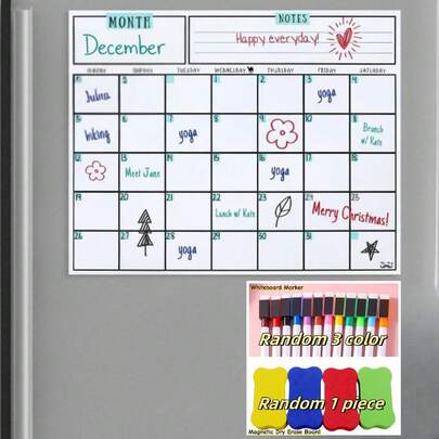 Magnetic Dry Erase Calendar, 14.7 X 11.8, Black, Magnetic Fridge Calendar With 3 Dry Erase Markers