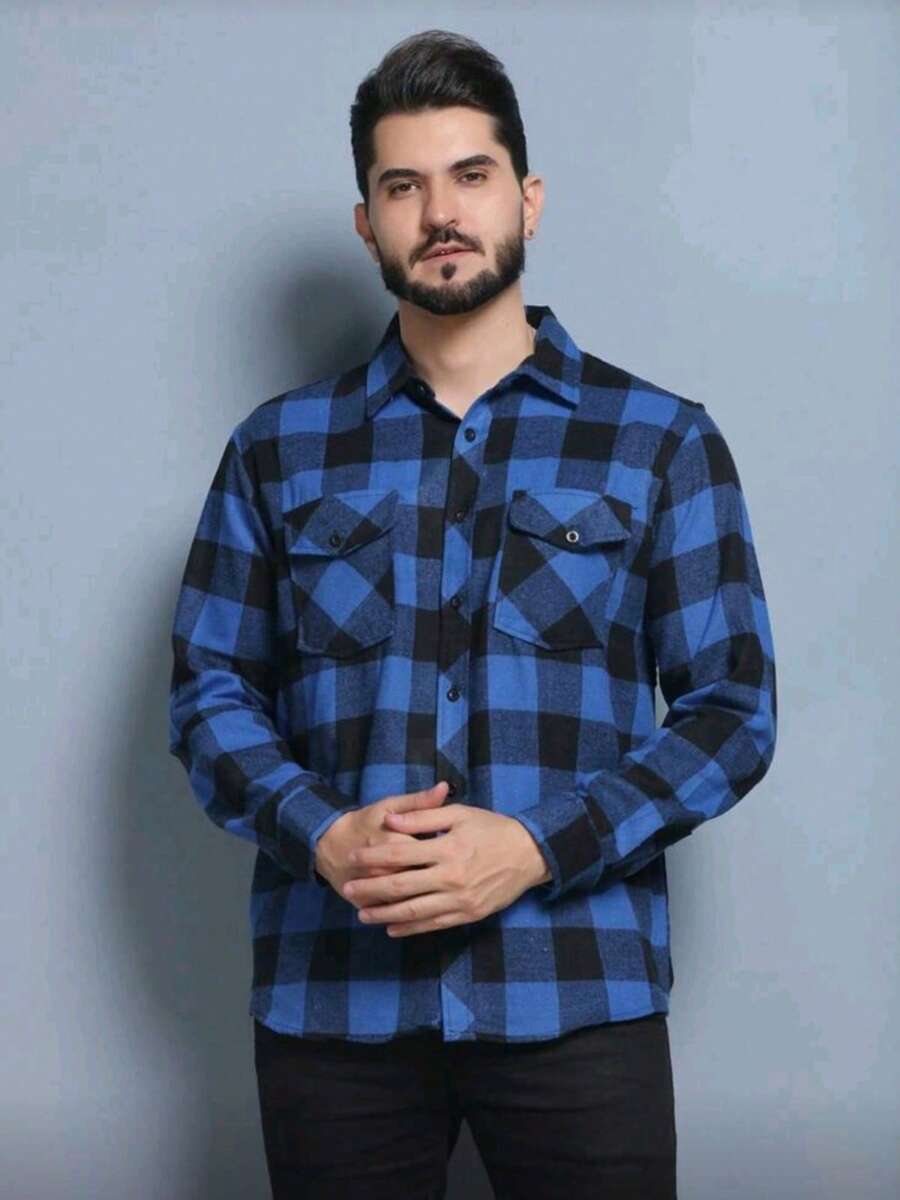 Men's Long-Sleeved Plaid Flannel Dress Shirt, Regular Fit, Buttons Down The Front, With Pocket. - Màu xanh lam - Xem 1