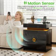 Night Stand Set Of 2 - With Lockable Gun Drawer, LED Nightstand With Charging Sation,Smart Bedside Table With 24 Color Lights,Glass Top End Table With 3 Drawers,Bedroom,White - Xem 3