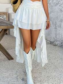 Vuslat Women's Summer Casual Vacation Solid Color Bohemian Asymmetrical Ruffle Hem Skirt, New Fashion Vacation Skirt, Suitable For Music Festivals, Beach Vacations, Dates, Parties, Gatherings, Travels - White - View 1