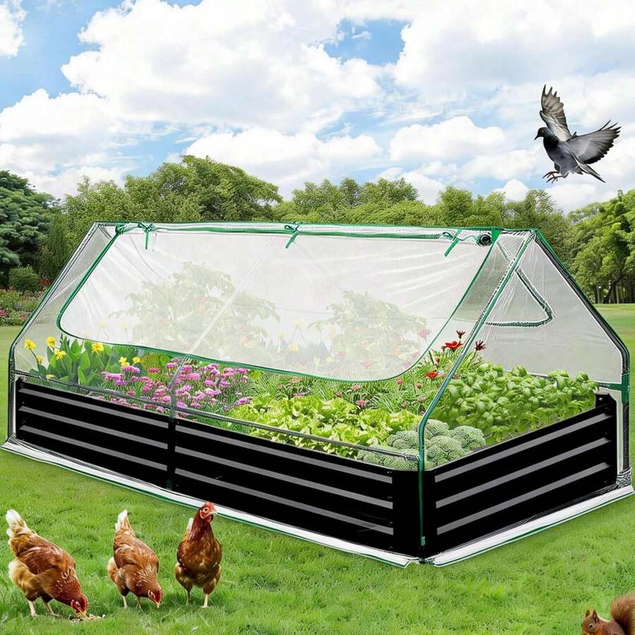 Dragonpad Raised Garden Bed With Cover And Screen Windows, Galvanized Metal Planter Box, Mini Greenhouse For Vegetables And Flowers, Ideal For Backyard Gardening - Black-8x4x1ft - View 1
