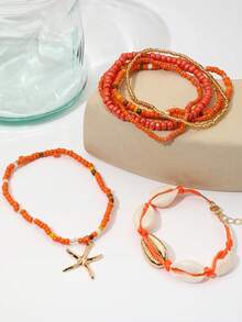 7 pièces/set Bracelet style bohème avec coquillage et perle, pendentif étoile de mer. Ensemble de bracelets pour femmes (couleurs de perles assorties) - Orange - Voir 7
