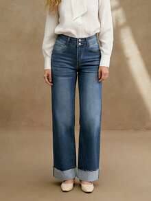 Quần jeans nữ ống đứng, thiết kế cài nút, dáng dài, lựa chọn thanh lịch thường ngày. - Rửa tối - Xem 1