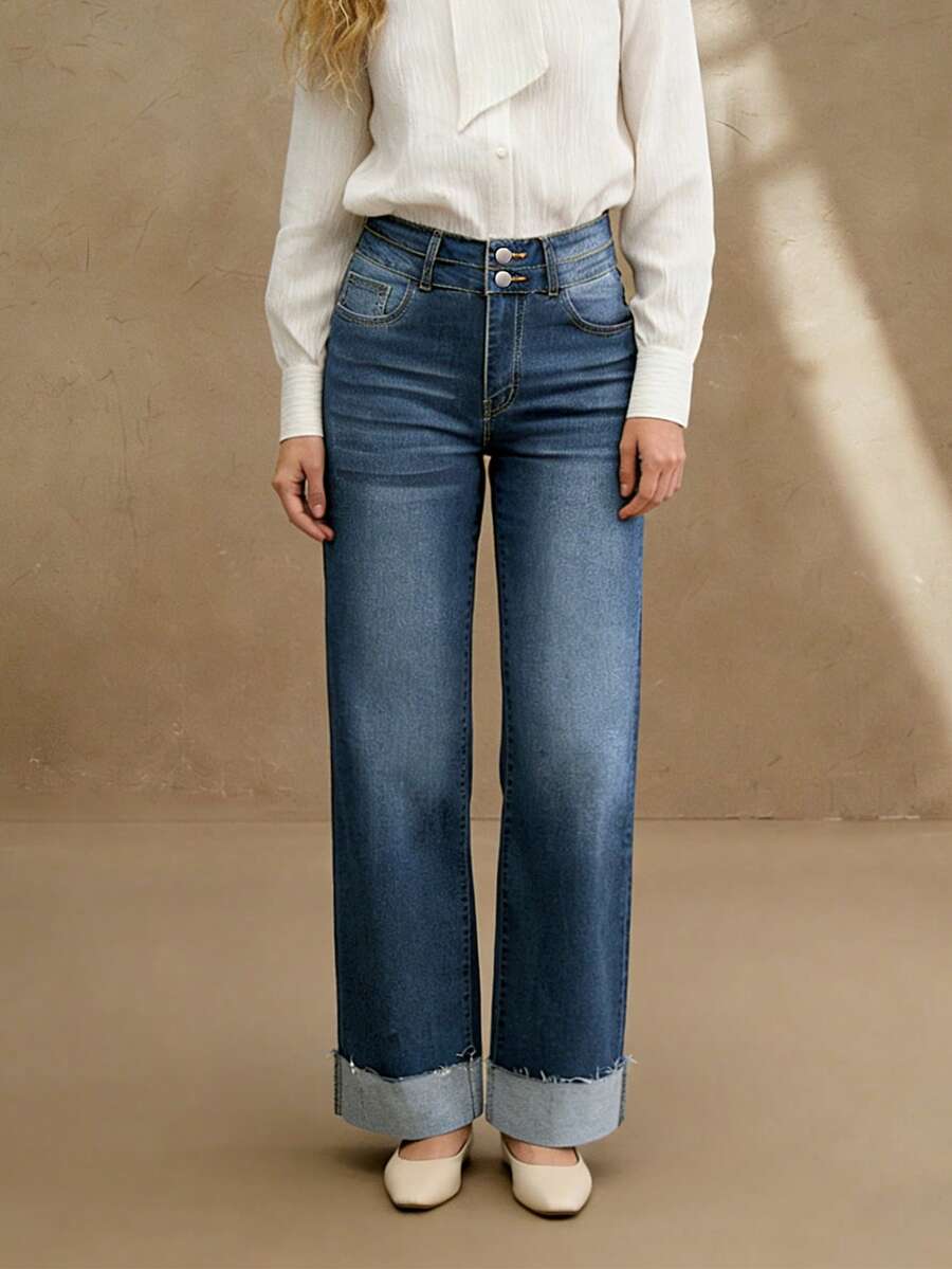 Quần jeans nữ ống đứng, thiết kế cài nút, dáng dài, lựa chọn thanh lịch thường ngày. - Rửa tối - Xem 1