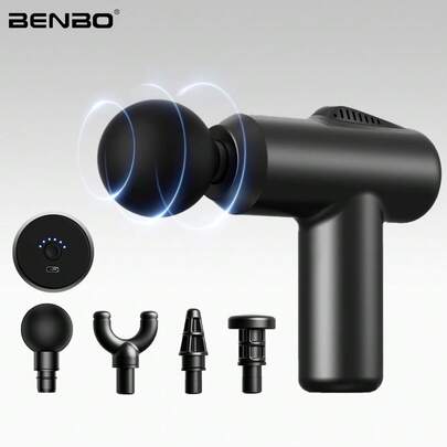  Benbo Mini Massage Gun, Black, 1 Piece, Comes With 4 Replaceable Massage Heads, Portable Handheld Fitness Massager, Suitable For Home And Office Use, Relieves Muscle Tension, Relaxes Back, Legs, Shoulders And Feet, Suitable For Both Men And Women. Suitable As A Holiday Or Gift For Loved Ones.