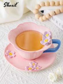 shoxil 一套咖啡杯碟，粉色立体花朵咖啡杯牛奶杯水杯陶瓷杯 - 粉紅色花瓣杯碟套裝 - 查看 6