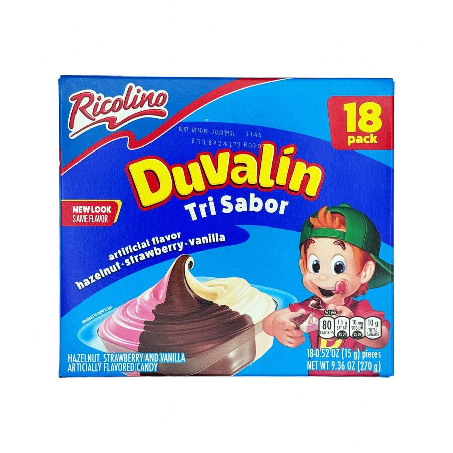 Ricolino Duvalin Tri Sabor Hazelnut, Strawberry, Vanilla Soft Candy, 18-Pack, Snack Mexican Candies Dulces Mexicanos Chocolate Sweet - TRI SABOR - View 1