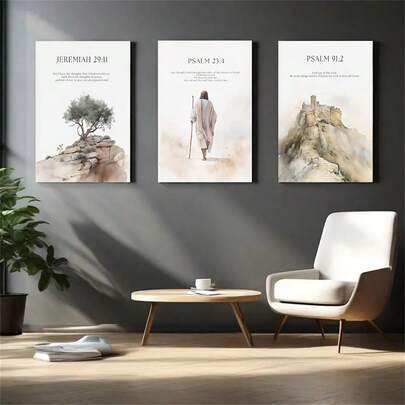 3pcs Framed Canvas Wall Art Posters, Jesus Statue, Natural Landscape, Bohemian Style Wall Decor, Fashion Paintings, Christian Favorite Gift, Suitable For Living Room, Office, Study, Bedroom Wall Decoration, Frameless Gift, Birthday And Graduation Gift