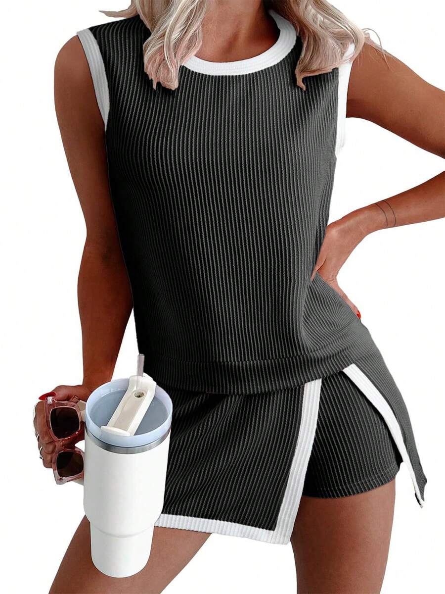 Women's Summer Loungewear Set: Stylish Ribbed Tee & Shorts 2-Piece Matching Set - Black - View 1
