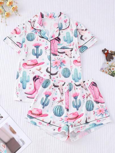 2pcs Western Pattern Pajamas Set For Women, Short Sleeve Shirt With Lapel & Button And Relaxed Elastic Waist Shorts, Party/Casual Loungewear, Indoor/Outdoor