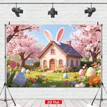 1 件 2D 平面横幅，复活节背景布，兔子屋和彩蛋图案设计，涤纶材质，春季悬挂装饰，适合室内/室外，摄影背景，派对横幅 - 彩色 - 查看 3