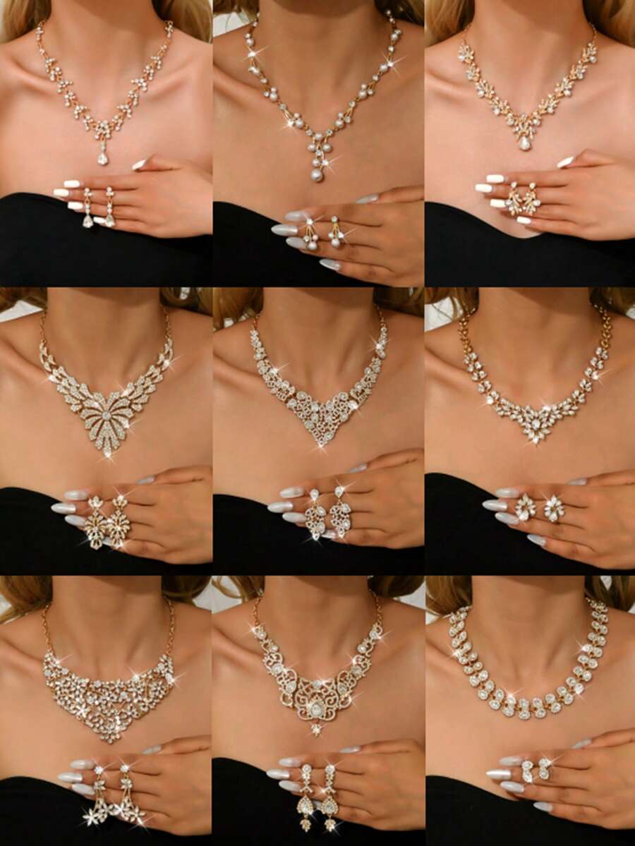 3件套奢华婚礼派对女士礼服水钻装饰珠宝时尚闪亮项链耳环套装，舞会礼服珠宝配饰 - 金色 - 查看 1