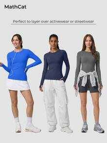 MathCat Seamless Workout Shirts For Women Long Sleeve Yoga Tops Sports Running Shirt Breathable Athletic Top Slim Fit - Hồ Xanh - Xem 7