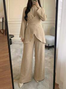 Bộ đồ nữ thanh lịch màu kaki gồm áo tay dài thắt eo chéo phía trước và quần ống rộng thoải mái, thích hợp mặc đi làm và ở nhà, mùa xuân. - Kaki nhạt - Xem 4