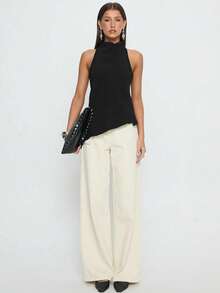 Elegant Fashion Crew Neck Mushroom Button Hollow Out Asymmetric Hem Women Tank Top, Spring/Summer New Casual Black - Black - View 8