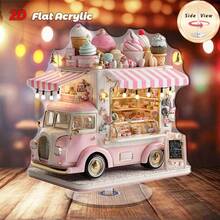 2D flach - einteiliges rotierendes Acryl Tischdekoration, zeigt einen süßen rosa und weißen Eiswagen, perfekt um einen verspielten Touch zur Heim- oder Bürodekoration hinzuzufügen - Verschiedenfarbig - Übersicht 3