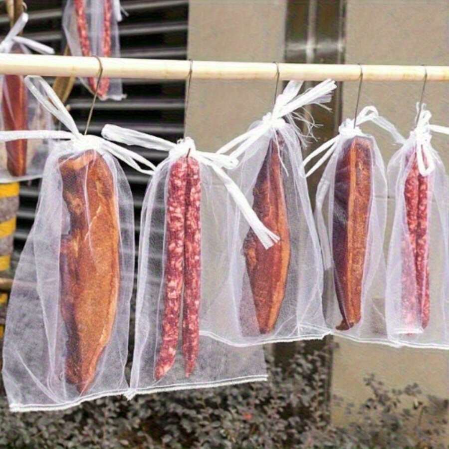 10个/25个装抽绳网袋 - 适用于培根、香肠、炸肉、仓鼠等 - 户外储物解决方案，培根晾干网，防蝇，肉类悬挂袋，透气，防鸟肉晾干工具，耐用网袋