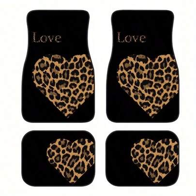 4pcs Heart-Shaped Leopard Print Car Floor Mats, Universal Rubber Mats, Suitable For All Seasons And Vehicles, Front And Rear Carpet - Fit For All Car Models, Comfortable All-Season Protection And Fashionable Decor, Perfect Gift