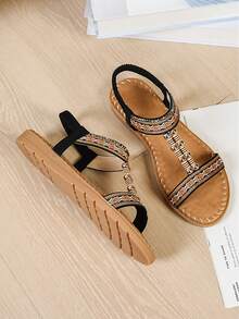 Plus Size Women Hollow Out Rhinestone Flat Sandals, Bohemian Style Comfortable Beach Shoes - 2213-1A Black - View 6