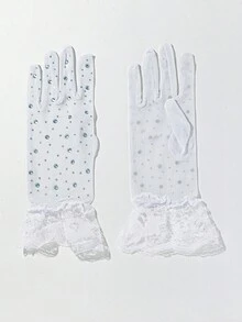 1 Pair Full Print Rhinestone Lace Mesh Trim Gloves - White-105 - View 4