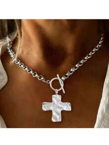 1件简约时尚金/银锤纹粗十字架吊坠项链，配T形扣，女士款 - 十字架 - 查看 5