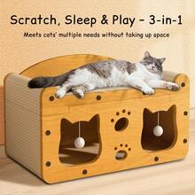 Multi-Function 2-In-1 Cat Scratcher & Cozy Bed - Wooden Cat House With Interactive Play Caves, Durable Scratching Surfaces, Hanging Pom-Pom Toys, And Hideaway Napping Spot For Indoor Cats - MD-CAT1 - 查看 2