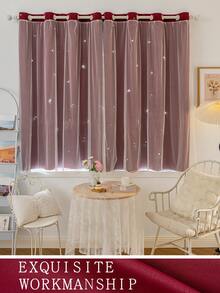 1pc Hollow Star Curtain, Polyester With Lace Sheer Double Layer Curtain, Darkening Bedroom Window Curtain, Cute Unique Princess Style Curtain Suitable For Holidays - Burgundy - View 8