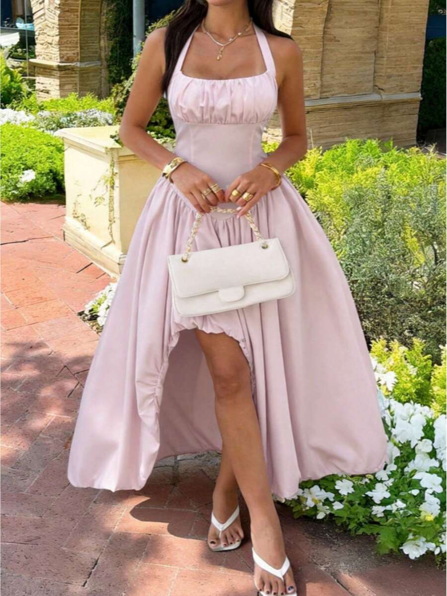 Unadoll 女士春季性感吊带露背系带腰带开衩连衣裙，优雅迷人，适合约会、度假、郊游、派对、晚宴、情人节和生日等场合。 - 粉色 - 查看 1