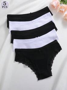 5 Stück/Set Damen Spitze Patchwork bequeme atmungsaktive Schleife Dekor Höschen Set, weich dehnbar lässige Unterwäsche - Verschiedenfarbig - Übersicht 4